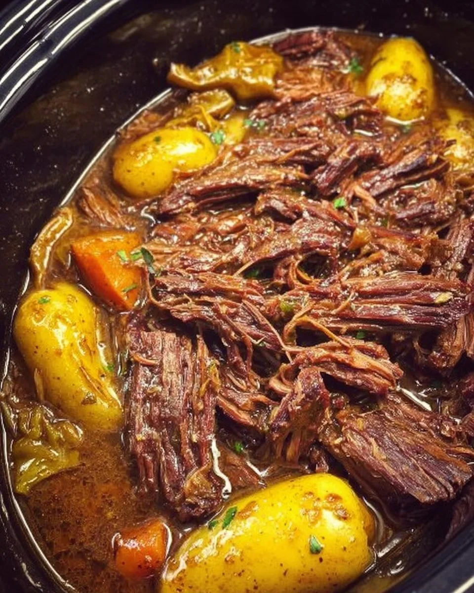 Crockpot Mississippi Pot Roast served with vegetables and gravy