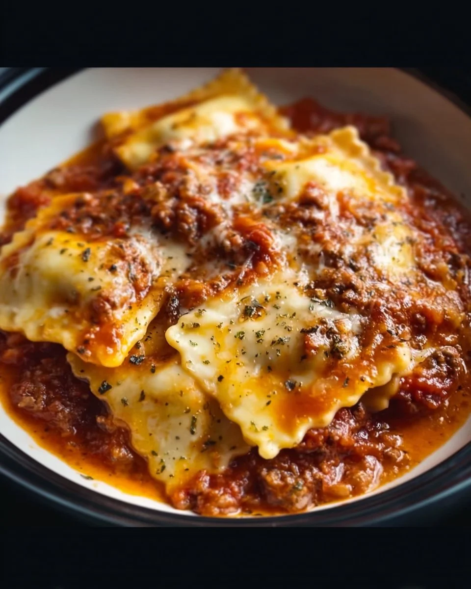 Delicious crockpot ravioli lasagna served with fresh herbs and a side salad.