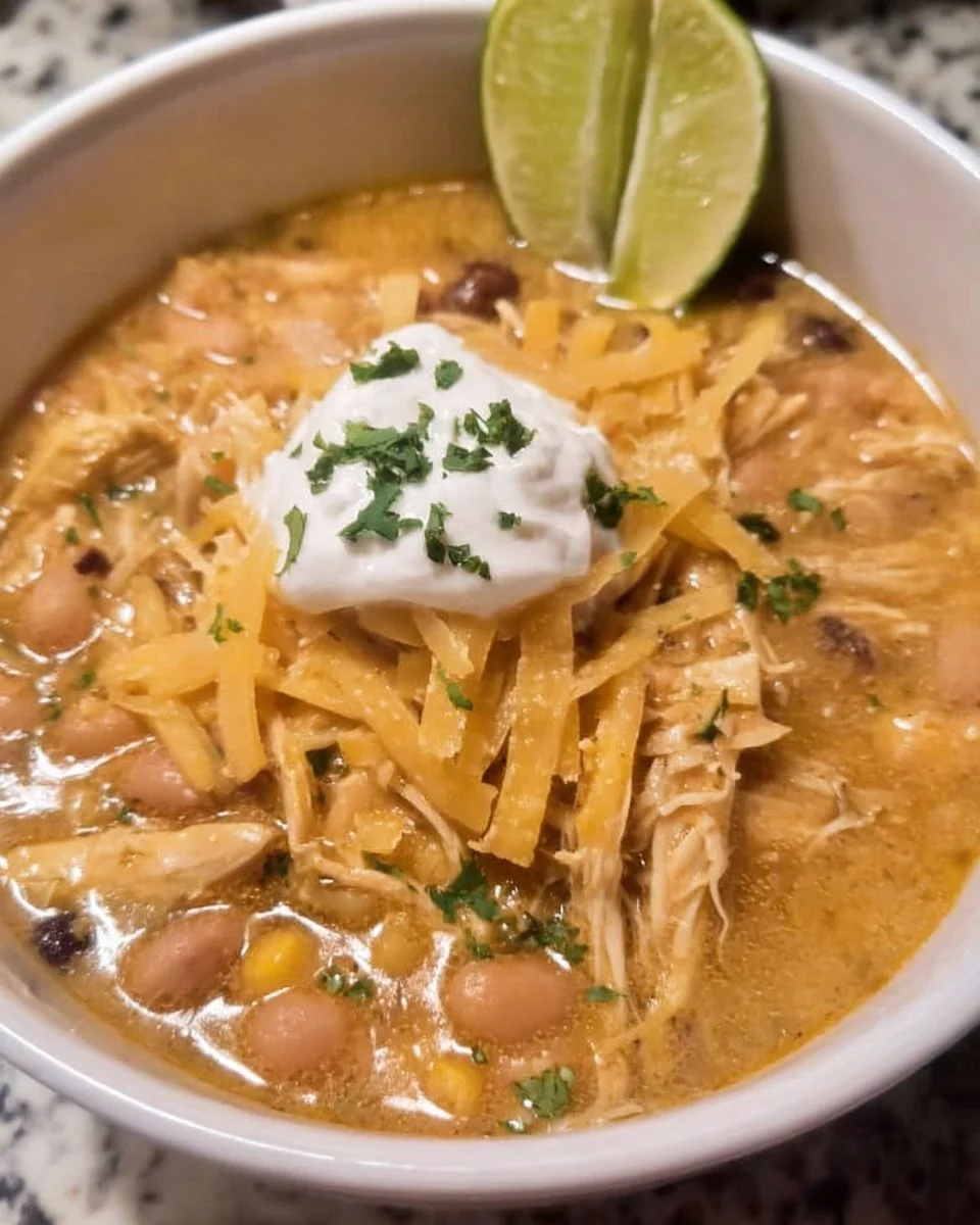 Crockpot White Chicken Chili with Cream Cheese served in a bowl