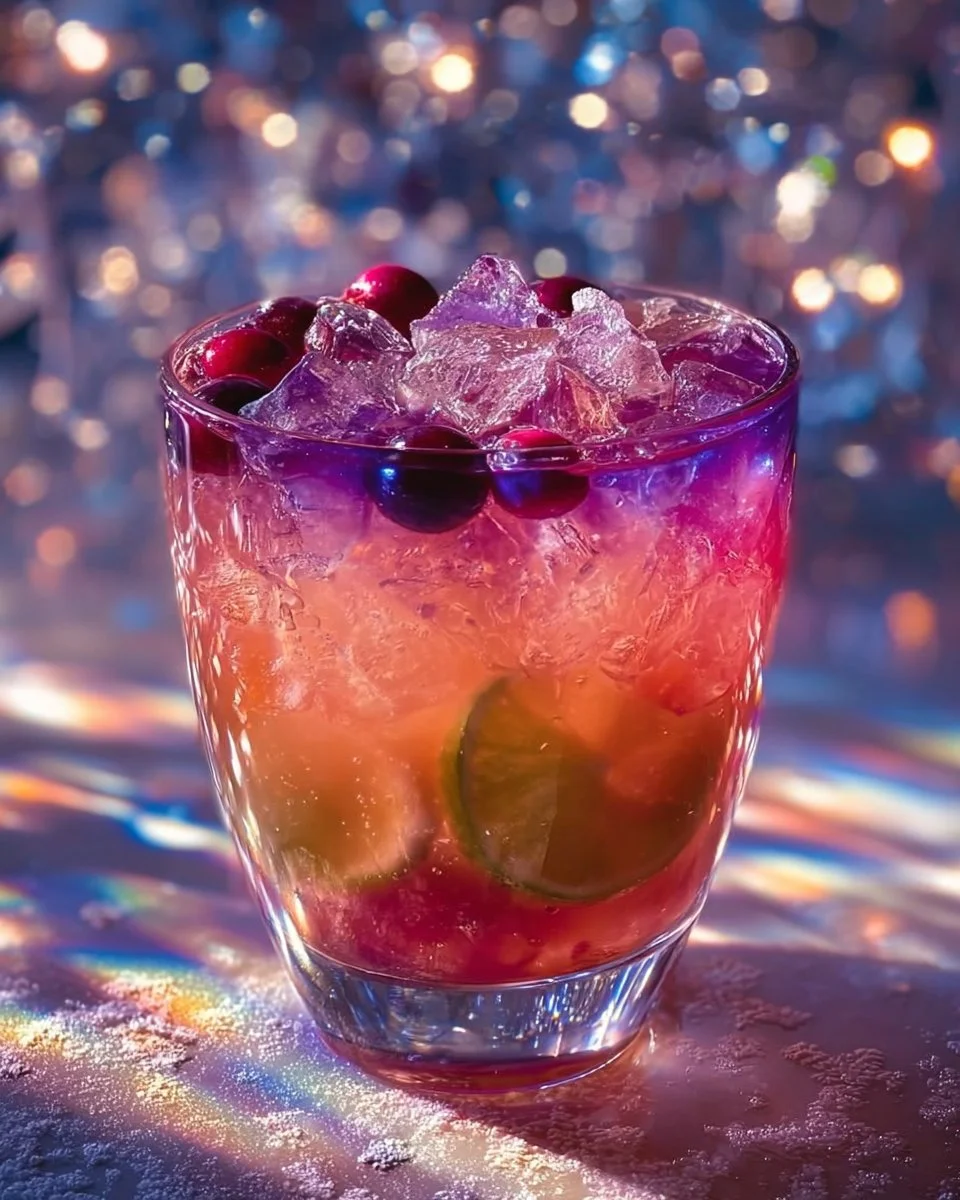 Crystal Aurora Christmas Punch in a festive glass with colorful fruits