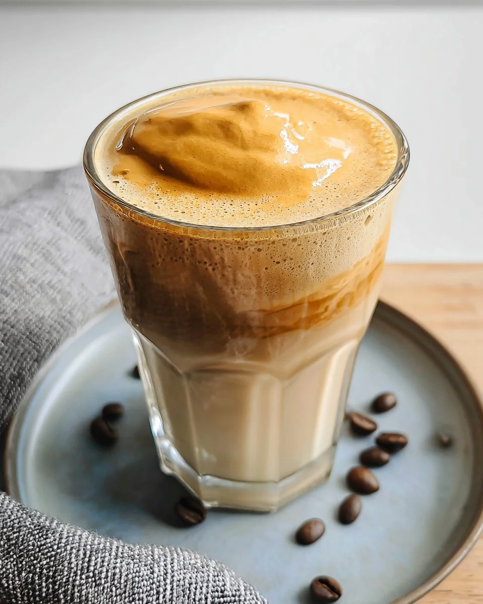 Delicious whipped Dalgona Coffee served in a glass