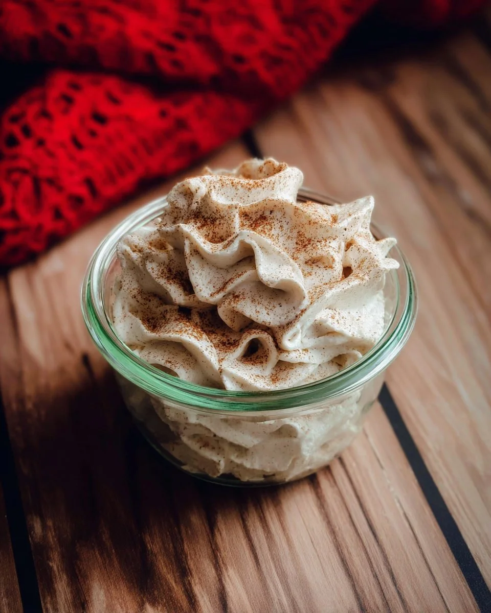 Decadent cinnamon whipped cream topping in a bowl with a sprinkle of cinnamon on top