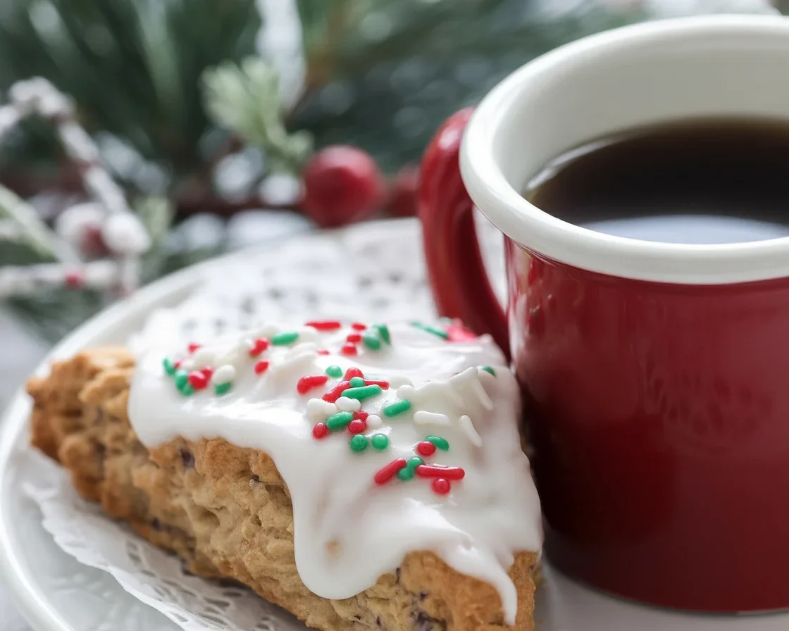 Keto Gingerbread Scones topped with sugar-free cream cheese glaze on a wooden board