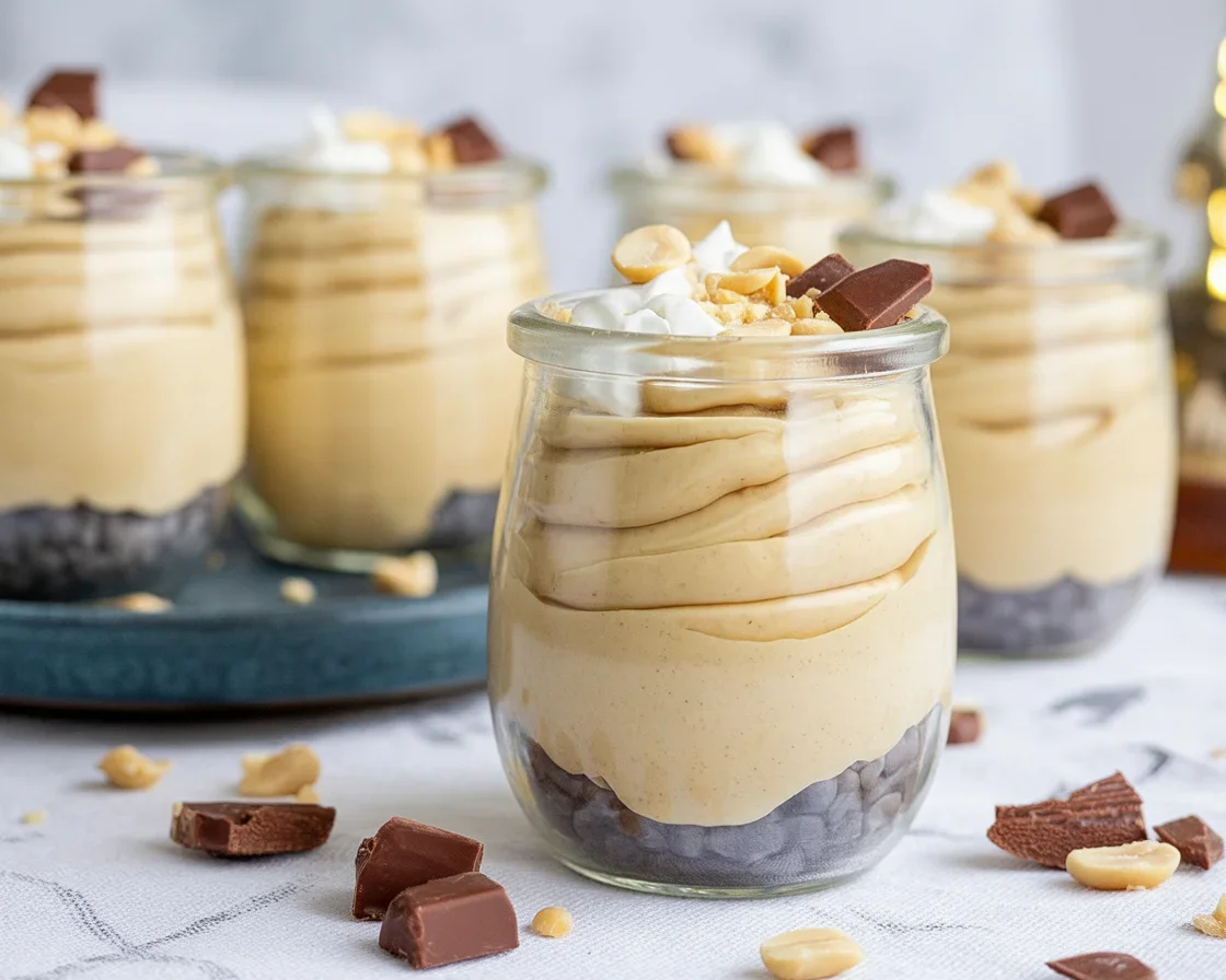 Creamy Peanut Butter Honey Mousse dessert served in a bowl with a spoon.
