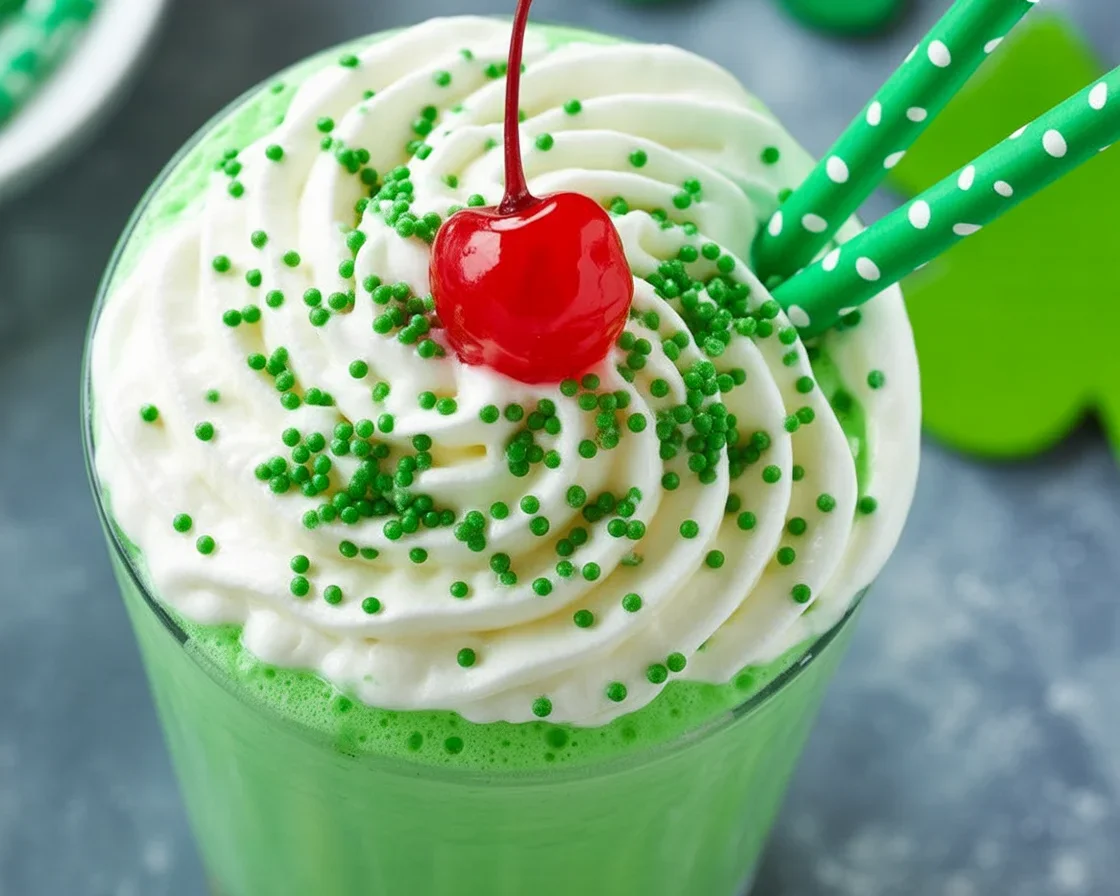 Delicious Shamrock Milkshake topped with whipped cream and green sprinkles.