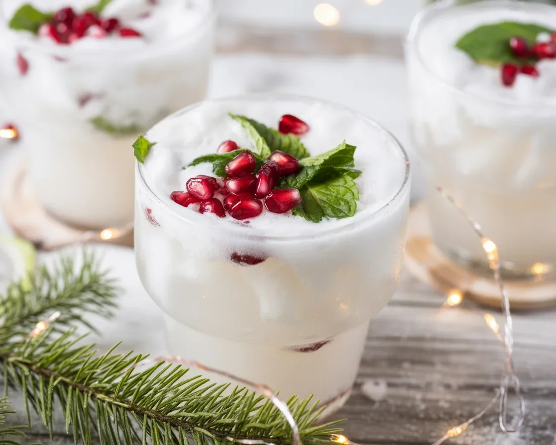 Festive White Christmas Coconut Mojito mocktail with mint and lime garnishes.