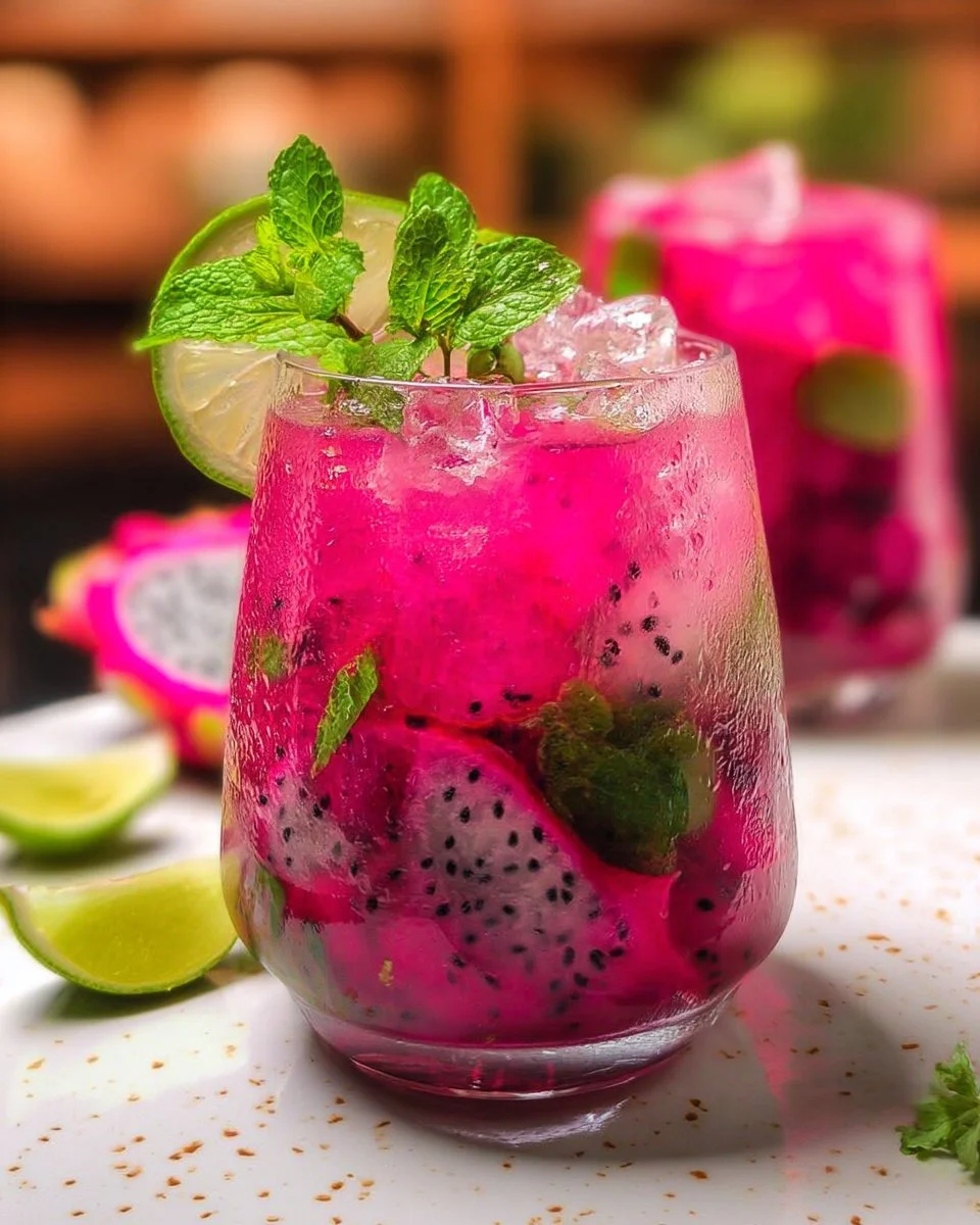 A colorful Dragonfruit Mojito Mocktail served with mint and lime.