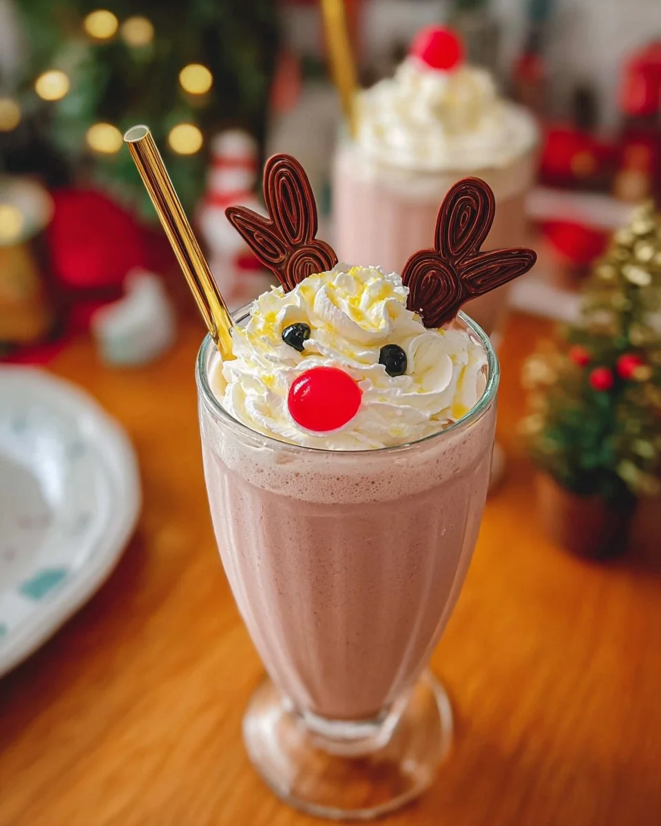 Festive Drunk Rudolph Milkshake with whipped cream and chocolate sprinkles