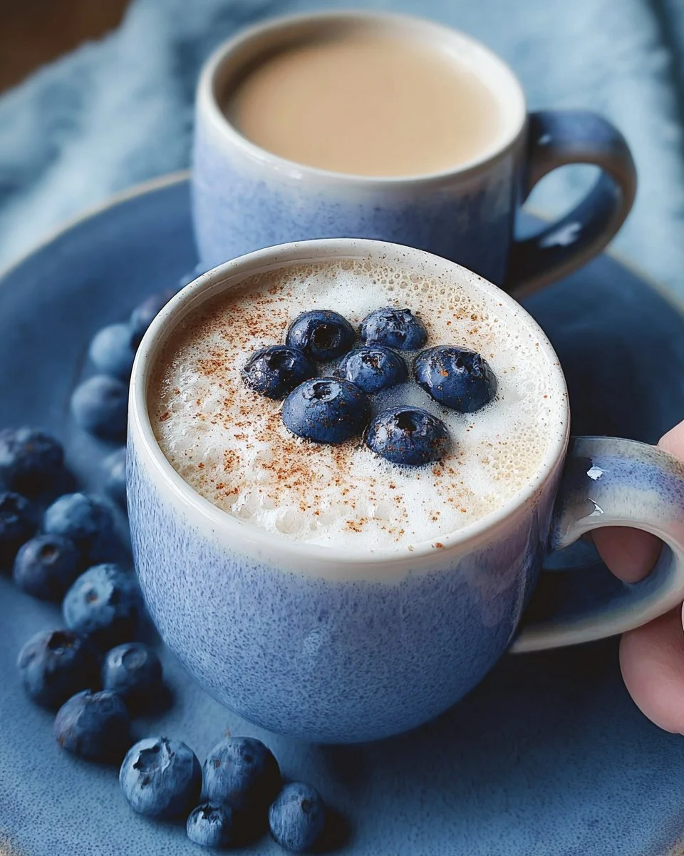 Earl Grey Blueberry Latte topped with foam and blueberries in a stylish cup