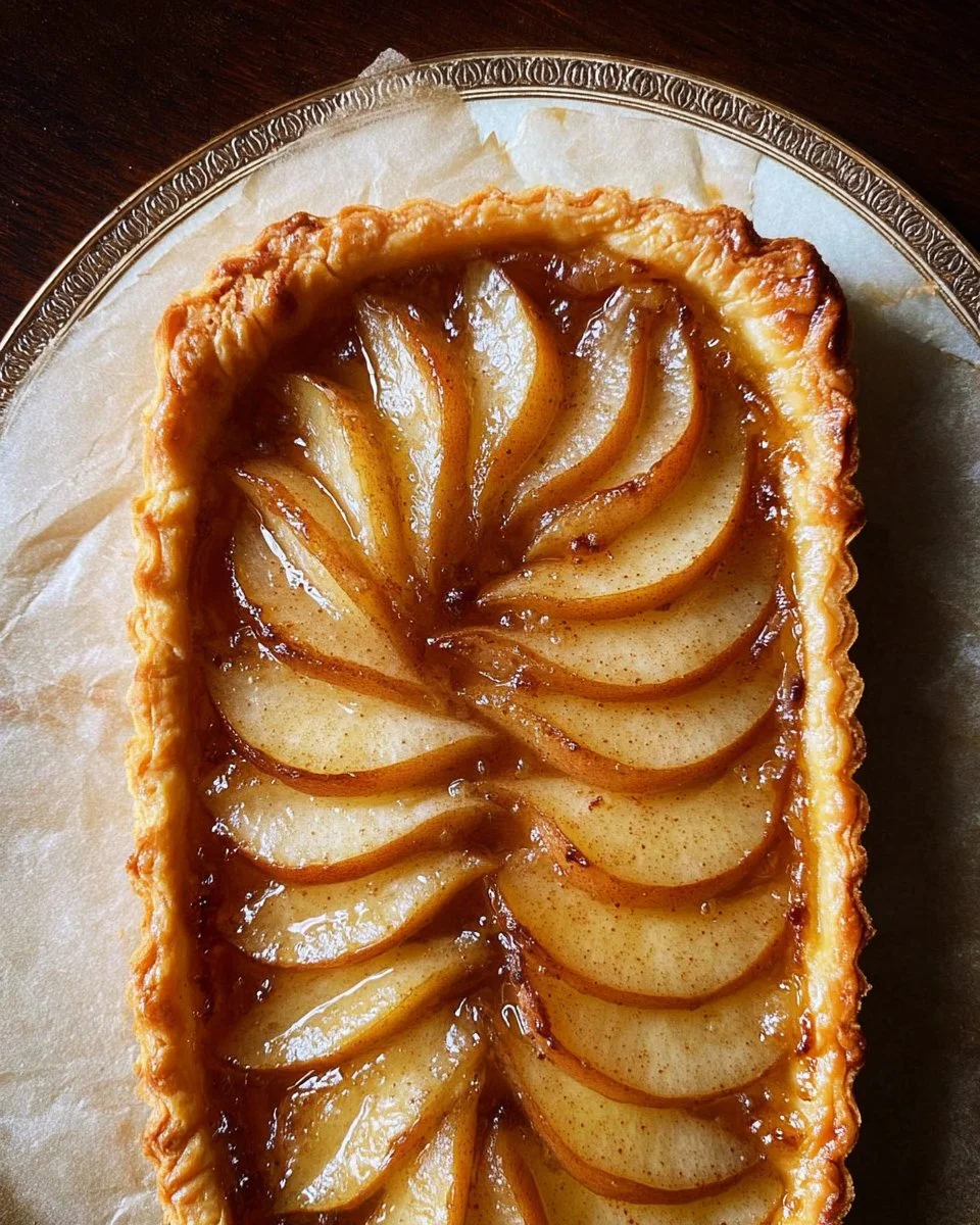 Easy ginger pear puff pastry tart topped with fresh pear slices