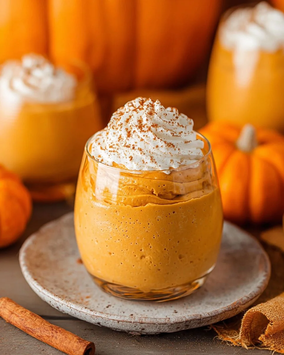 Delicious easy pumpkin mousse served in a glass with a sprinkle of cinnamon on top.