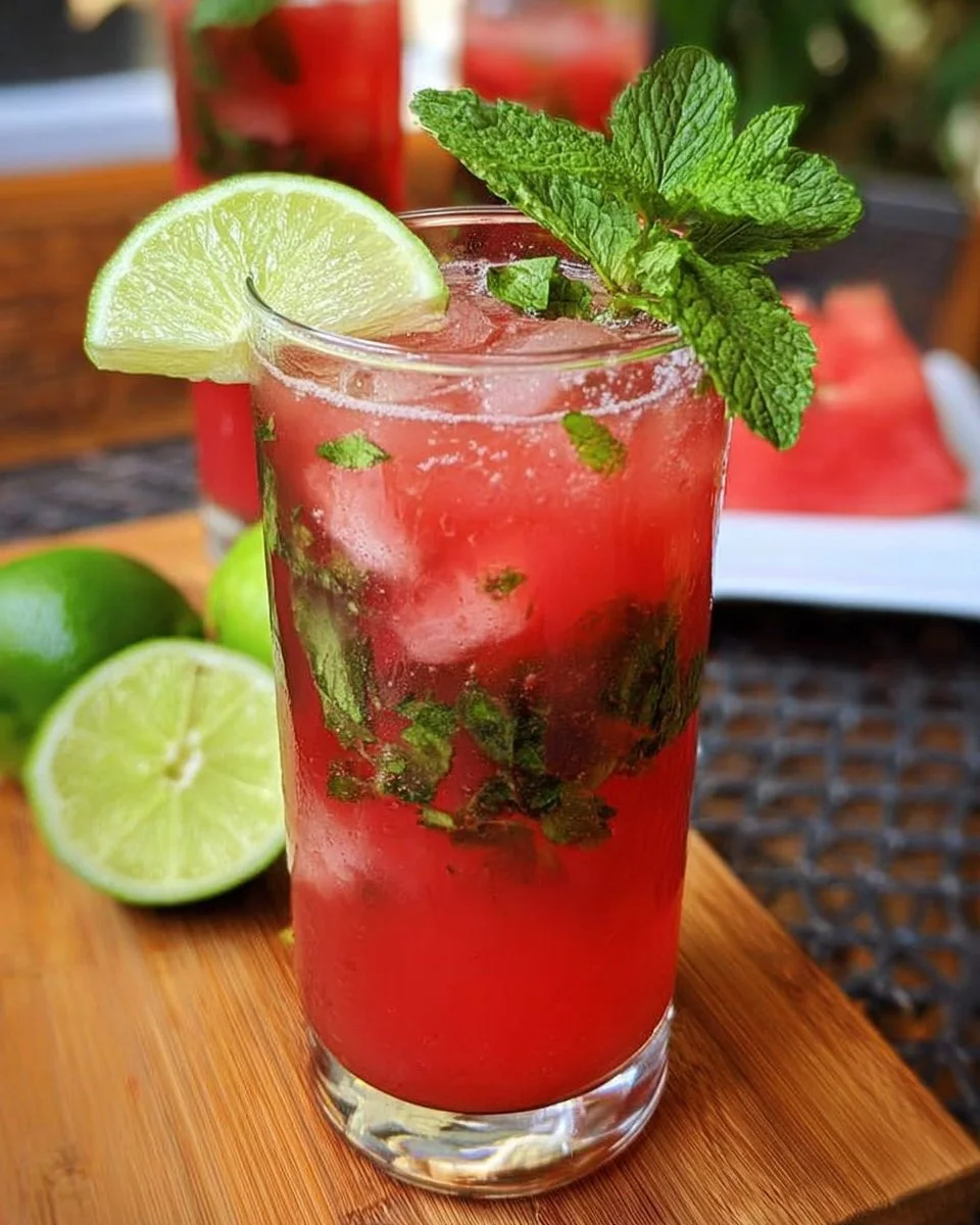 Easy watermelon mojito cocktail garnished with mint and lime in a glass
