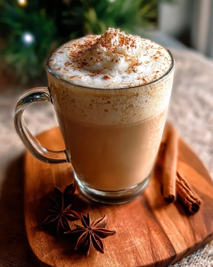 Creamy eggnog chai latte served hot with a sprinkle of cinnamon on top
