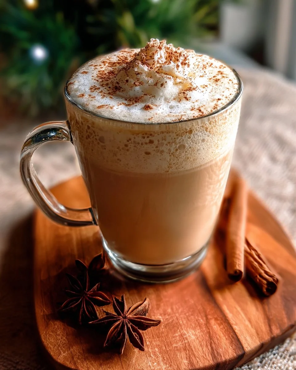 Creamy eggnog chai latte served hot with a sprinkle of cinnamon on top