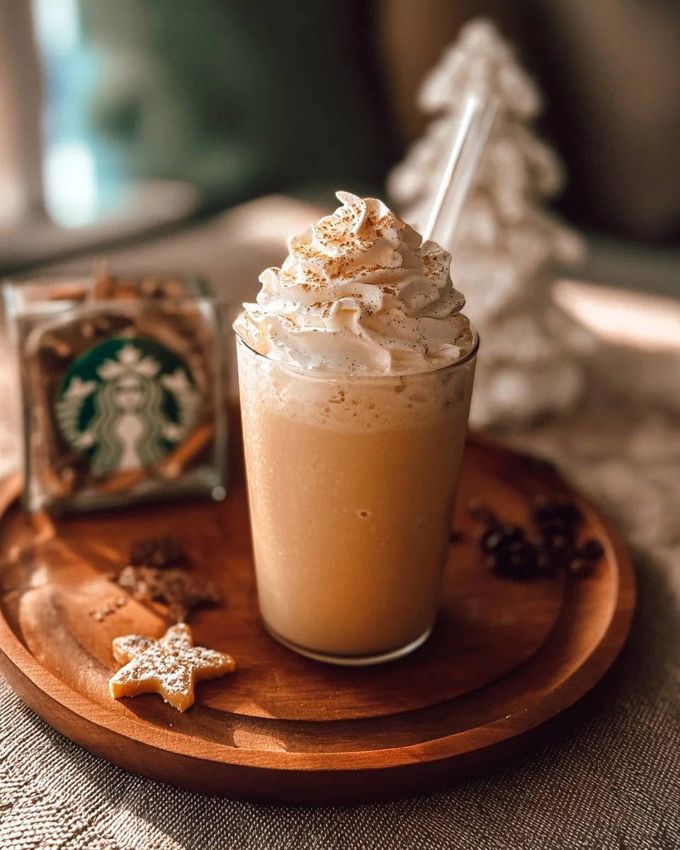 Festive Eggnog Cold Brew Frappuccino topped with whipped cream and nutmeg