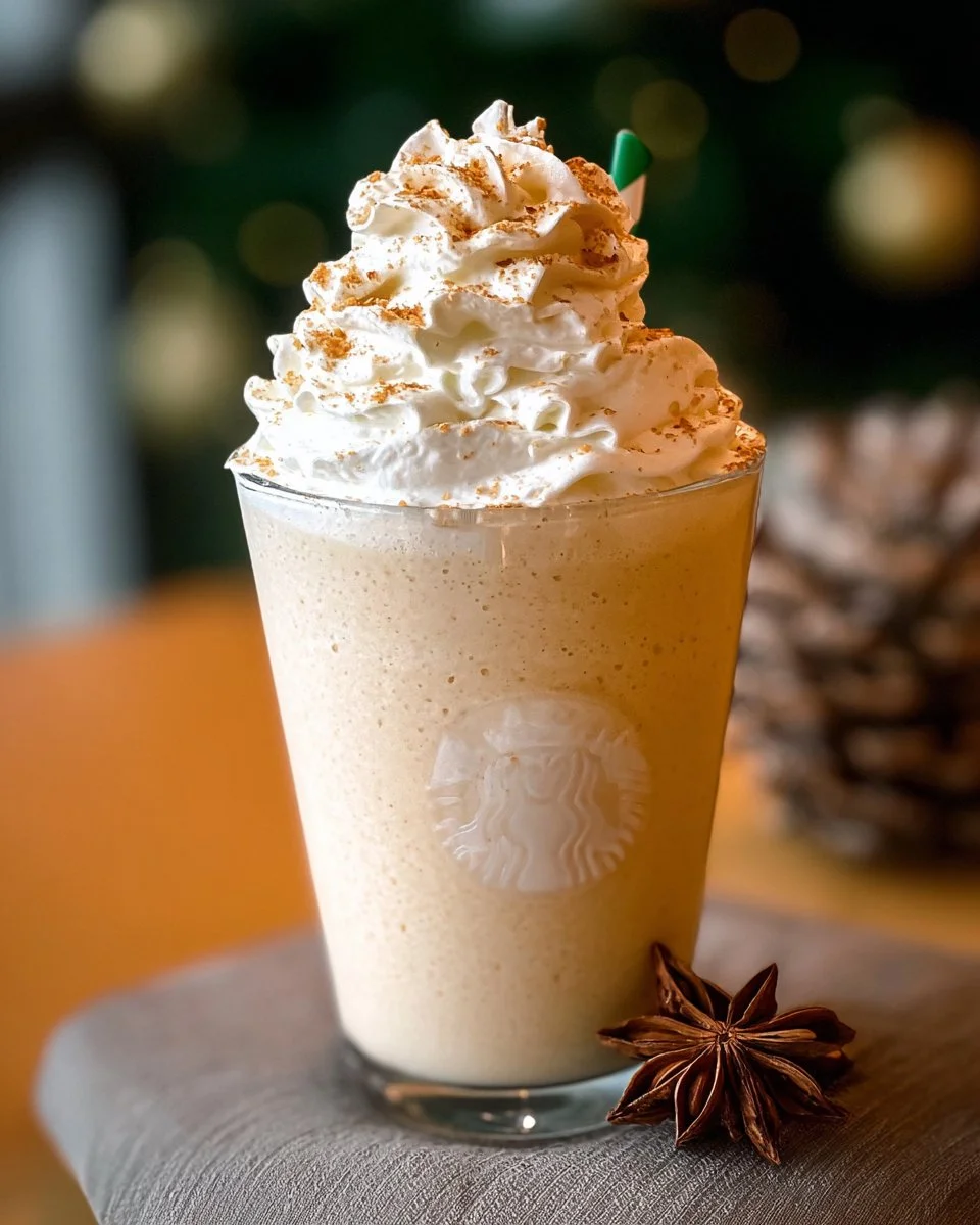 Delicious Eggnog Frappuccino topped with whipped cream and festive spices.
