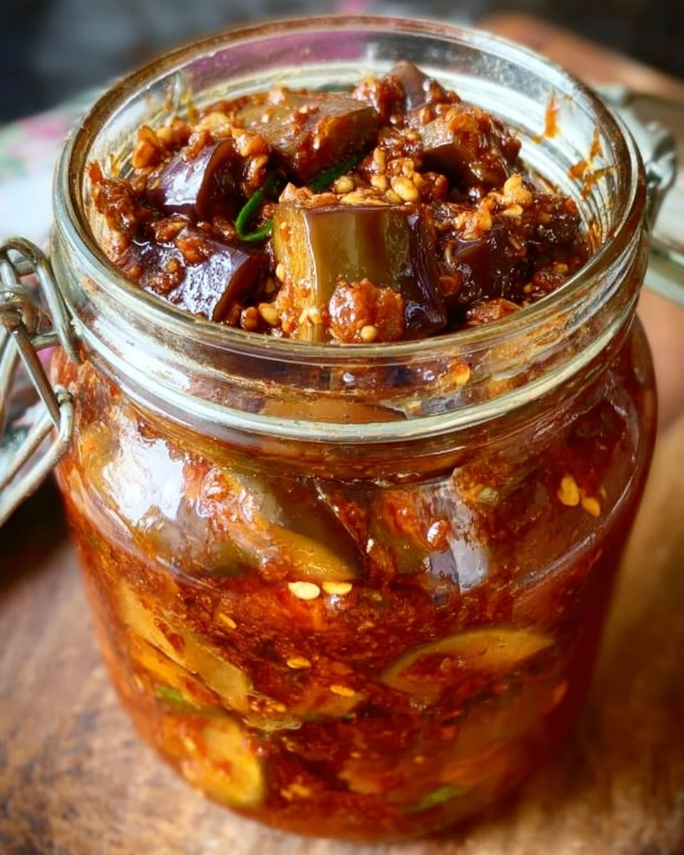 Homemade Eggplant Pickle in a jar, ready to serve as a delicious condiment.