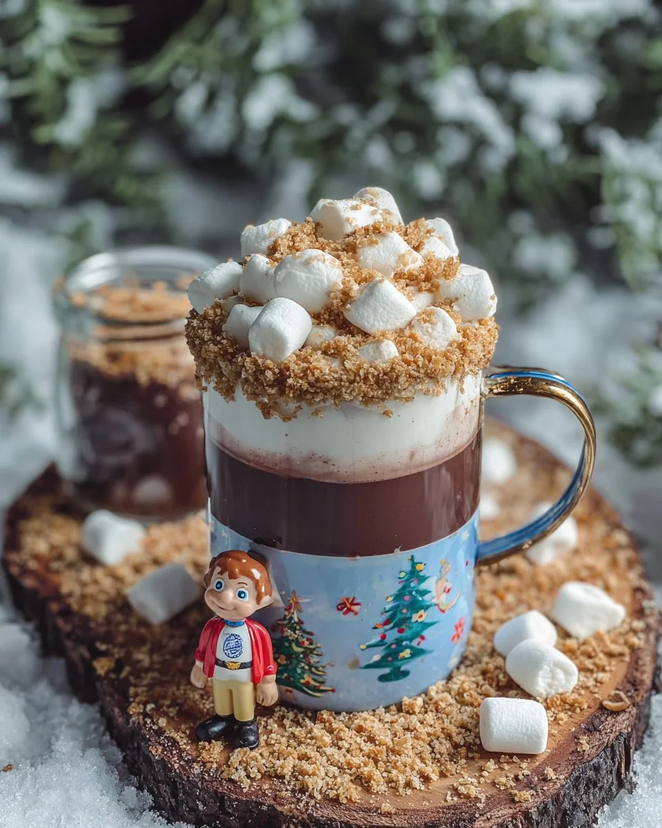 Elf's Campfire S'mores Cocoa in a mug with marshmallows and chocolate
