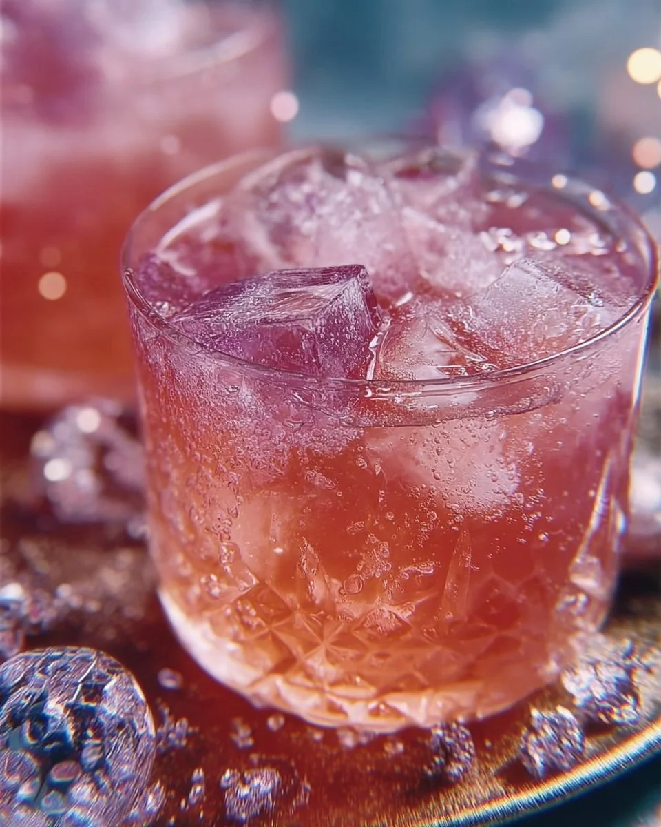 A vibrant glass of Enchanted Ice Crystal Punch with colorful ice crystals.