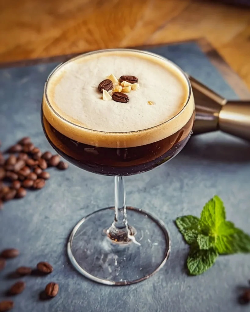 Espresso Martini Mocktail served in a stylish glass with coffee beans on top