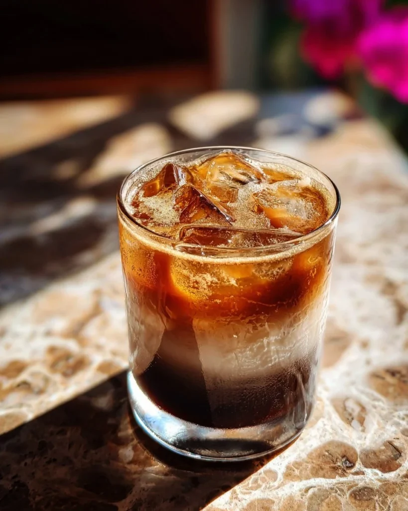 Refreshing espresso tonic served in a glass with ice and garnish
