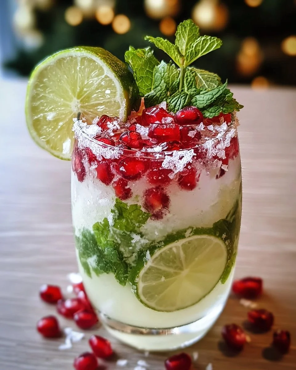 Festive Coconut Mojito with mint, lime, and pomegranate sparkle in a glass