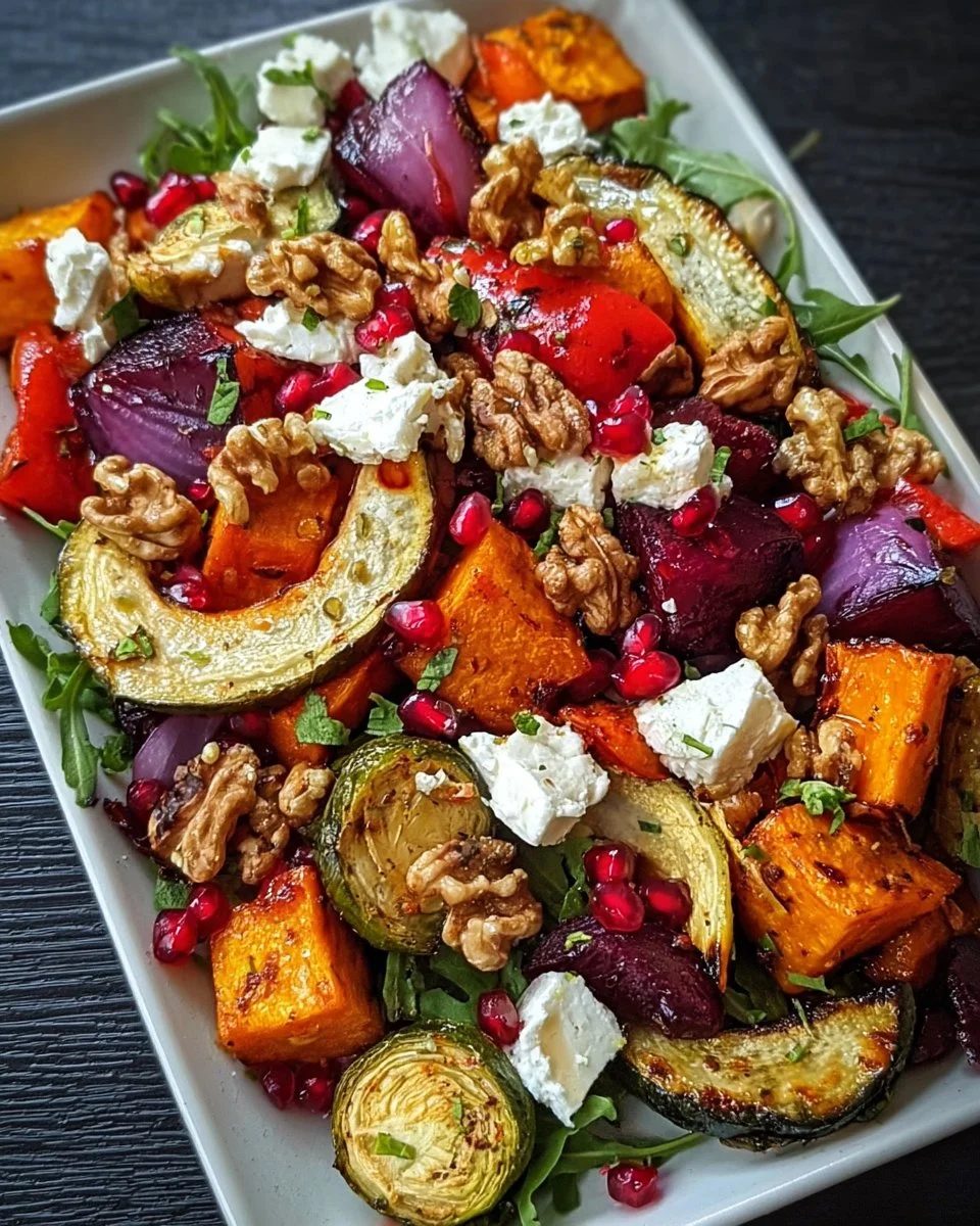 Festive roasted veggie salad with feta, walnuts, and pomegranate seeds