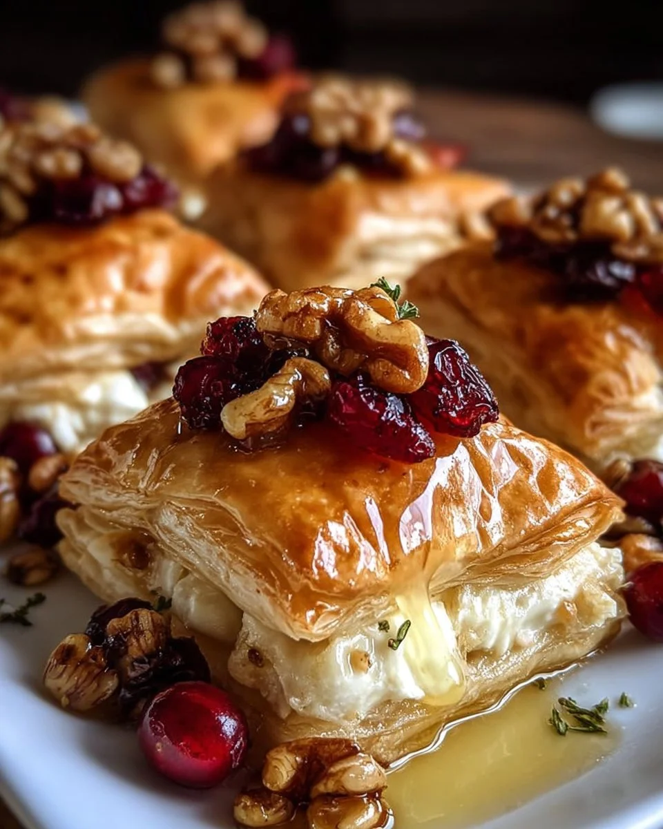 Flaky puff pastry with brie cheese, cranberries, and toasted walnuts on a plate.