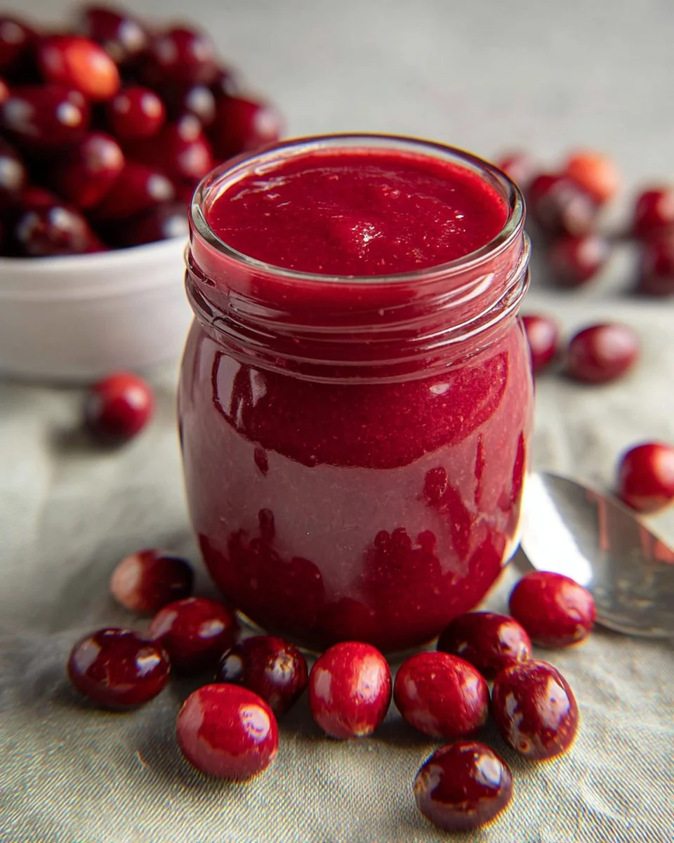Bowl of fresh cranberry curd with a spoon, showcasing its vibrant color and texture.