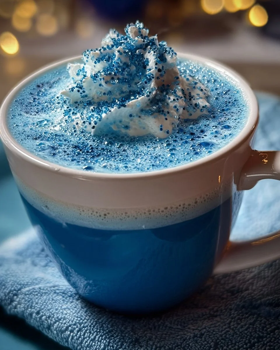 A steaming mug of Frostbite Blue Christmas Cocoa topped with whipped cream and holiday sprinkles.