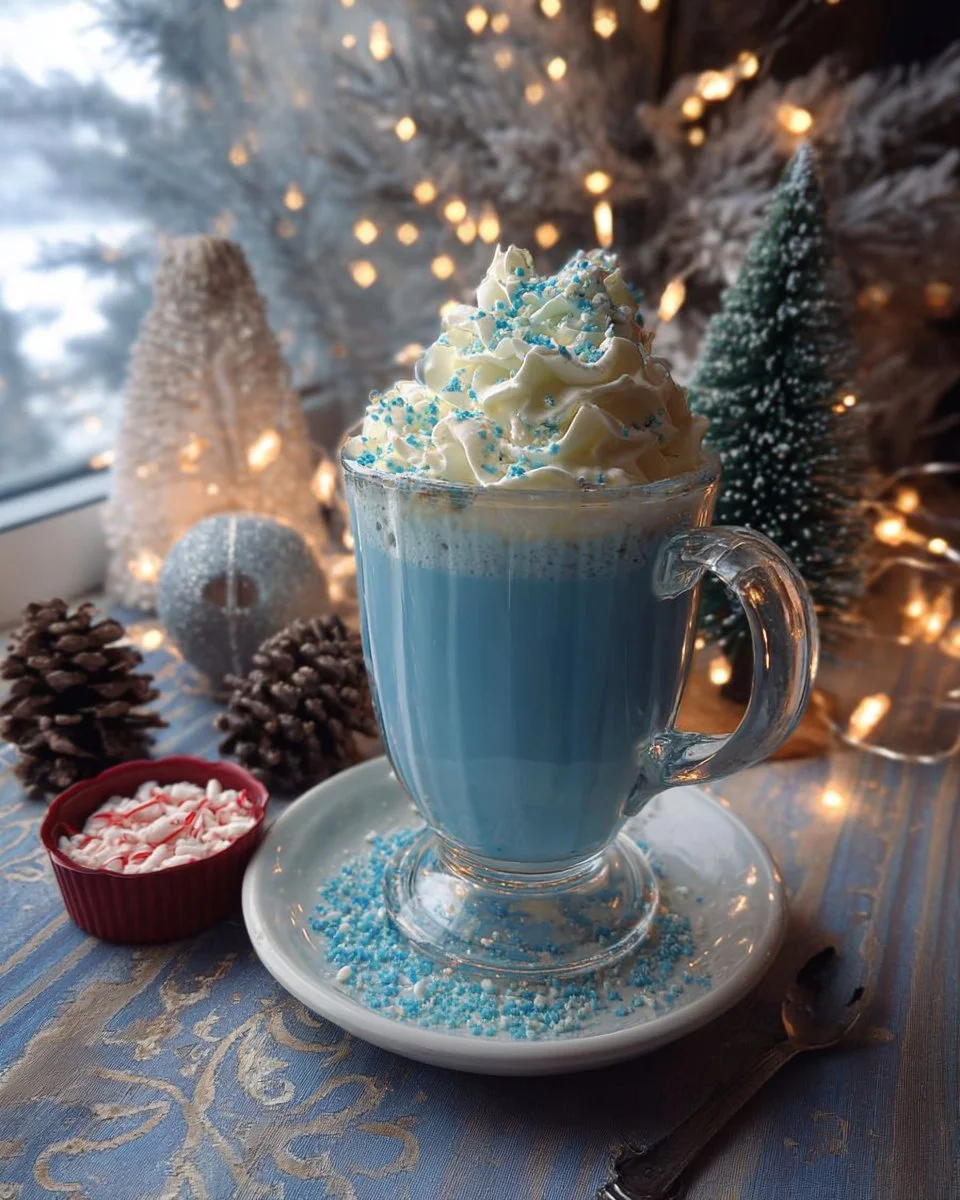 A steaming cup of Frostbite Blue Christmas Cocoa topped with whipped cream and festive sprinkles.