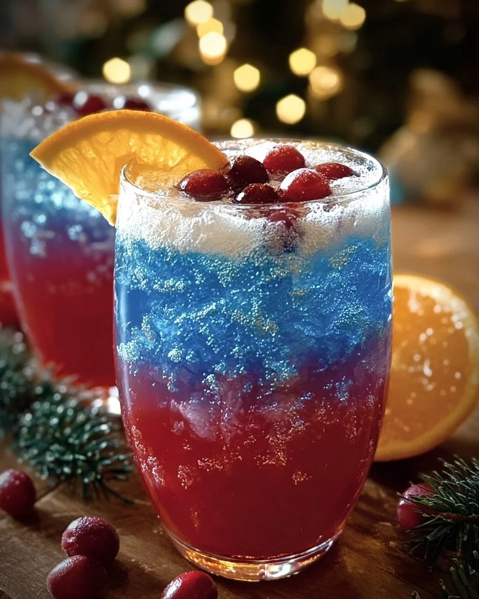 Frostbite Christmas Shimmer Punch served in a festive glass with holiday decorations.