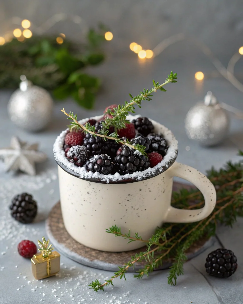 Frosted Blackberry Thyme Fizz cocktail with fresh blackberries and thyme garnish.