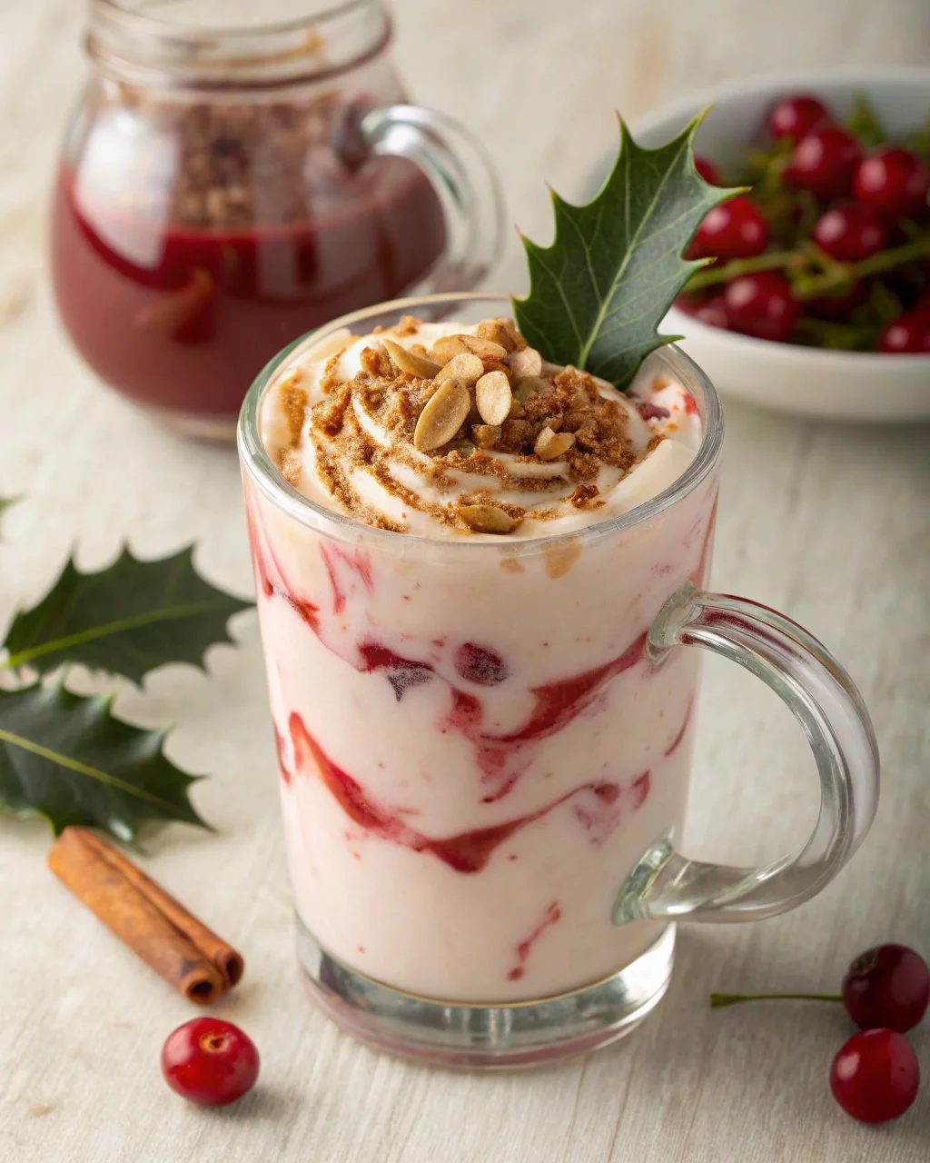 Frosted Cherry Almond Latte with cherry and almond toppings in a coffee cup