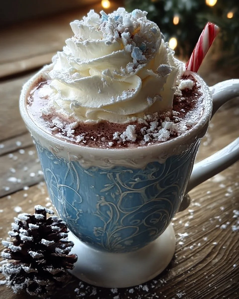 Frosted Icicle Christmas Cocoa in a festive mug topped with whipped cream.