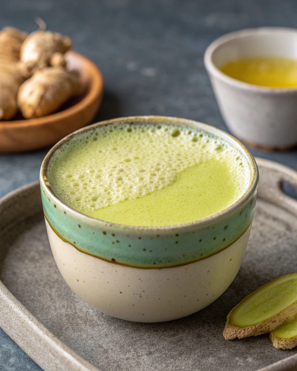 Ginger turmeric golden matcha drink in a vibrant green cup