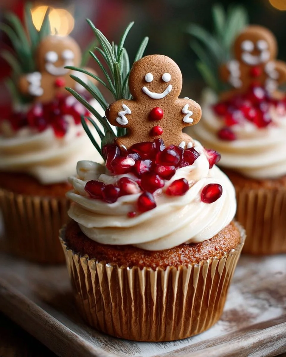 Gingerbread Man Christmas cupcakes decorated with pomegranate and rosemary