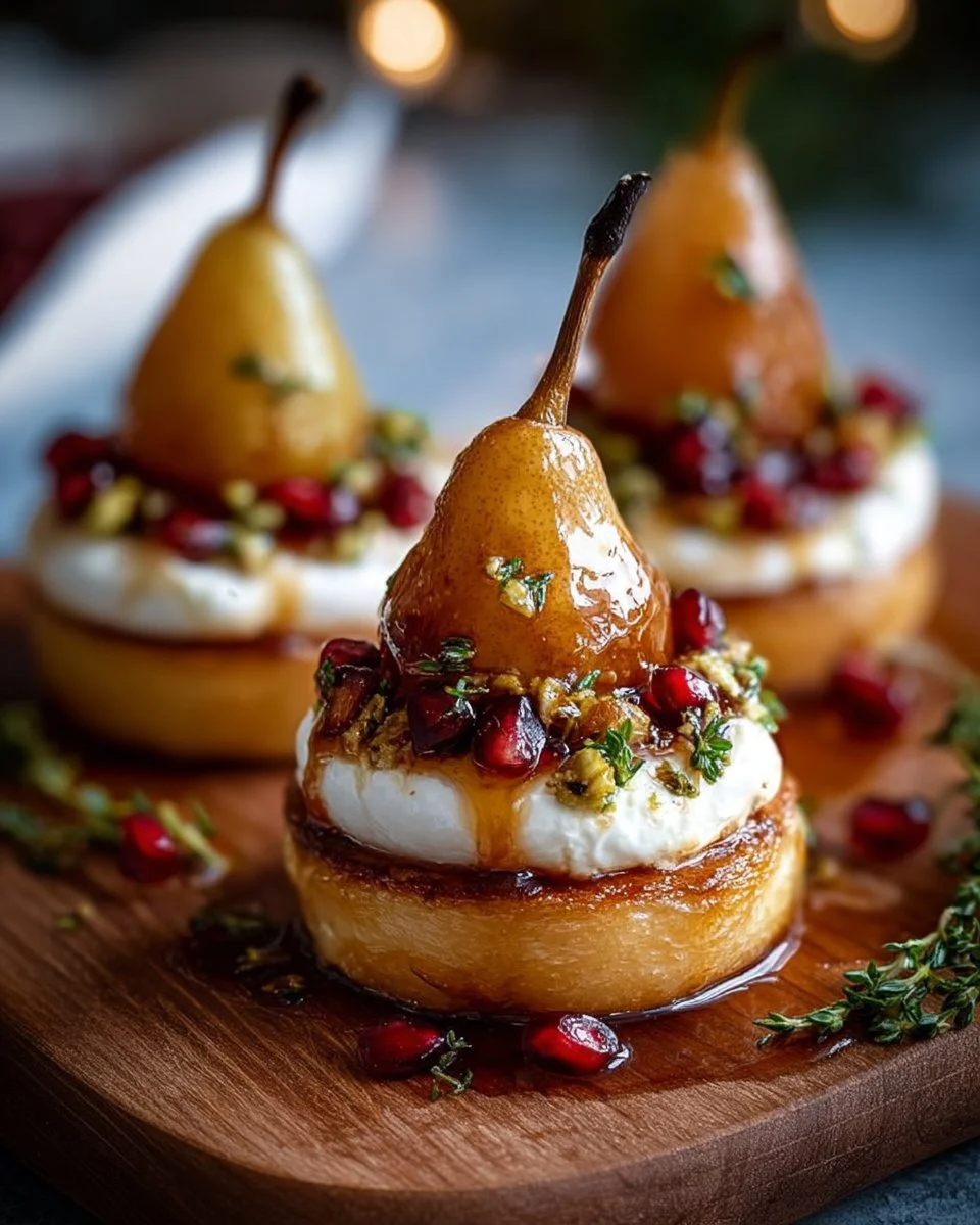 Golden caramelized pear and burrata towers showcasing a gourmet dish