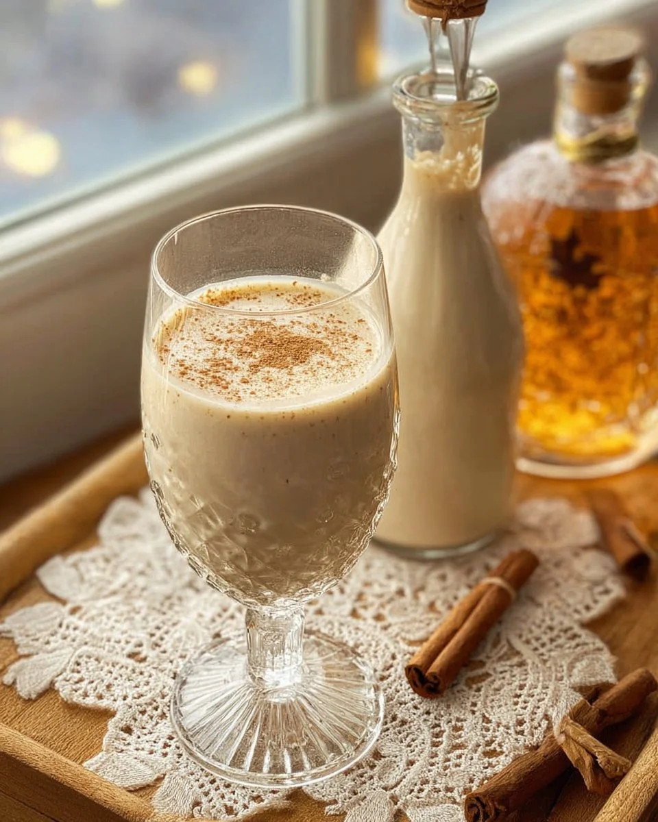 A glass of golden coquito with cinnamon and coconut garnish on a festive table.