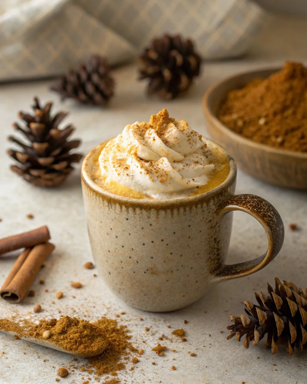 A steaming cup of Golden Ginger Cocoa Cloud topped with whipped cream