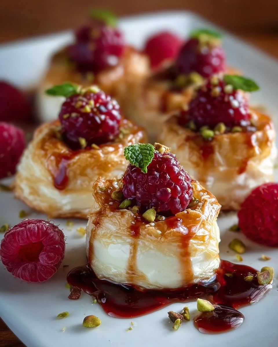 Golden Pistachio Brie Bites topped with raspberry drizzle on a serving platter