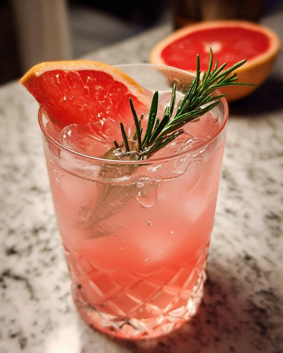 Grapefruit rosemary mocktail served in a stylish glass with garnishes.