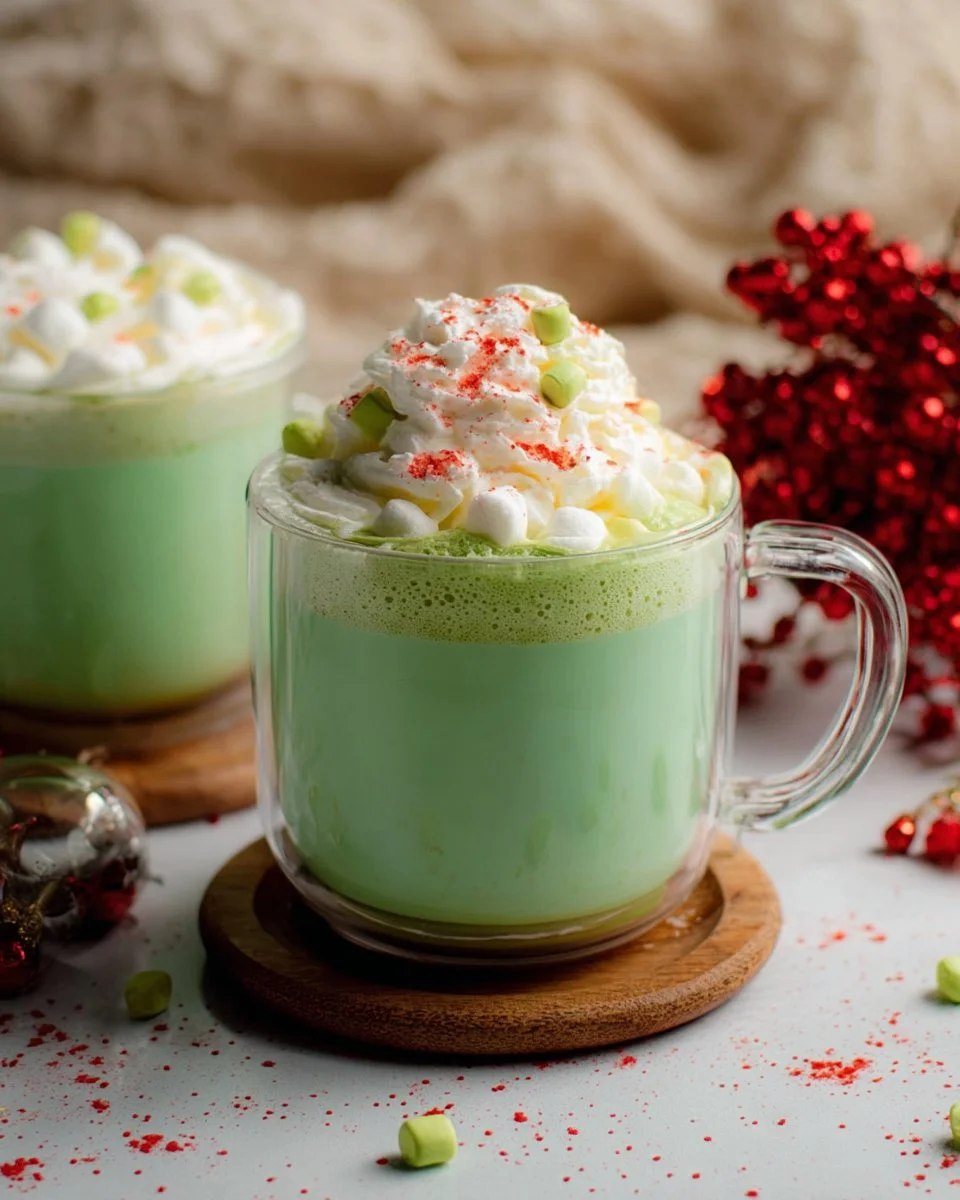 A festive cup of Grinch hot chocolate topped with whipped cream and green sprinkles.