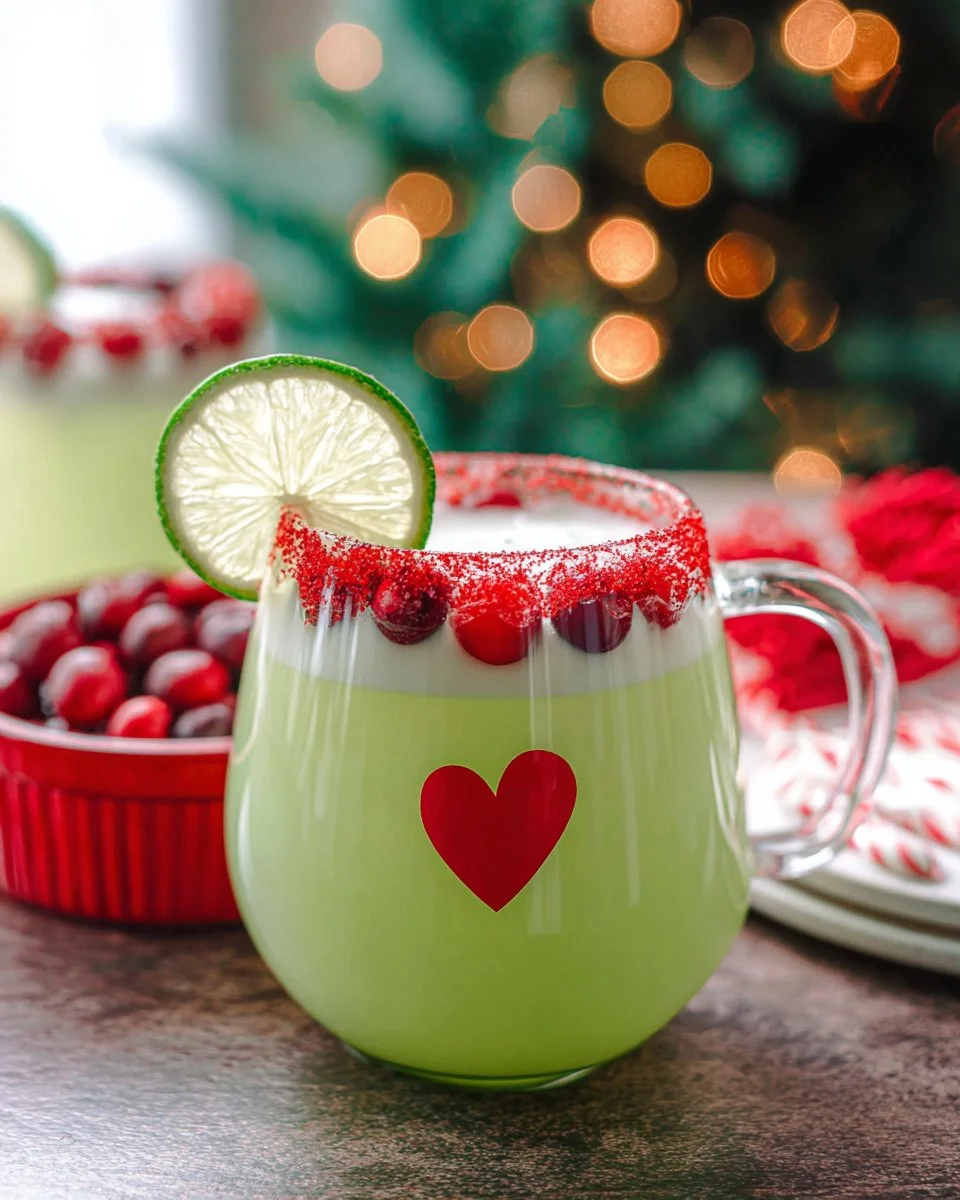 A festive bowl of Grinch Punch with vibrant green color and holiday decorations.