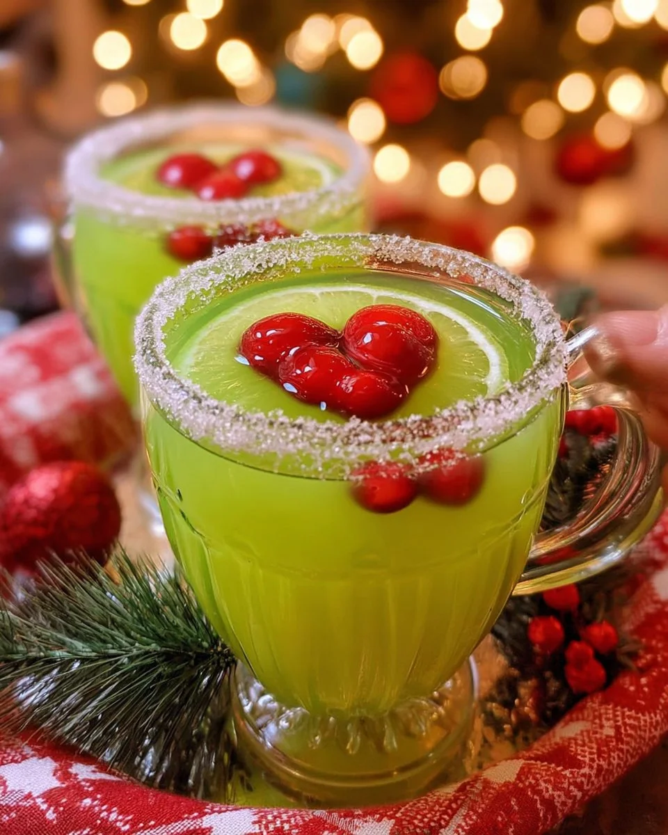 Festive Grinch Punch in a holiday glass with garnishes