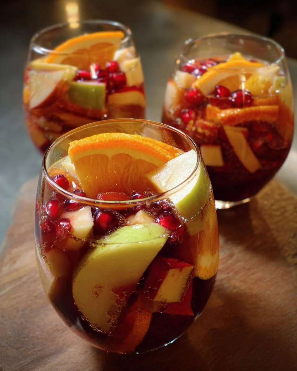 Delicious Hard Cider Sangria with fresh fruits in a glass