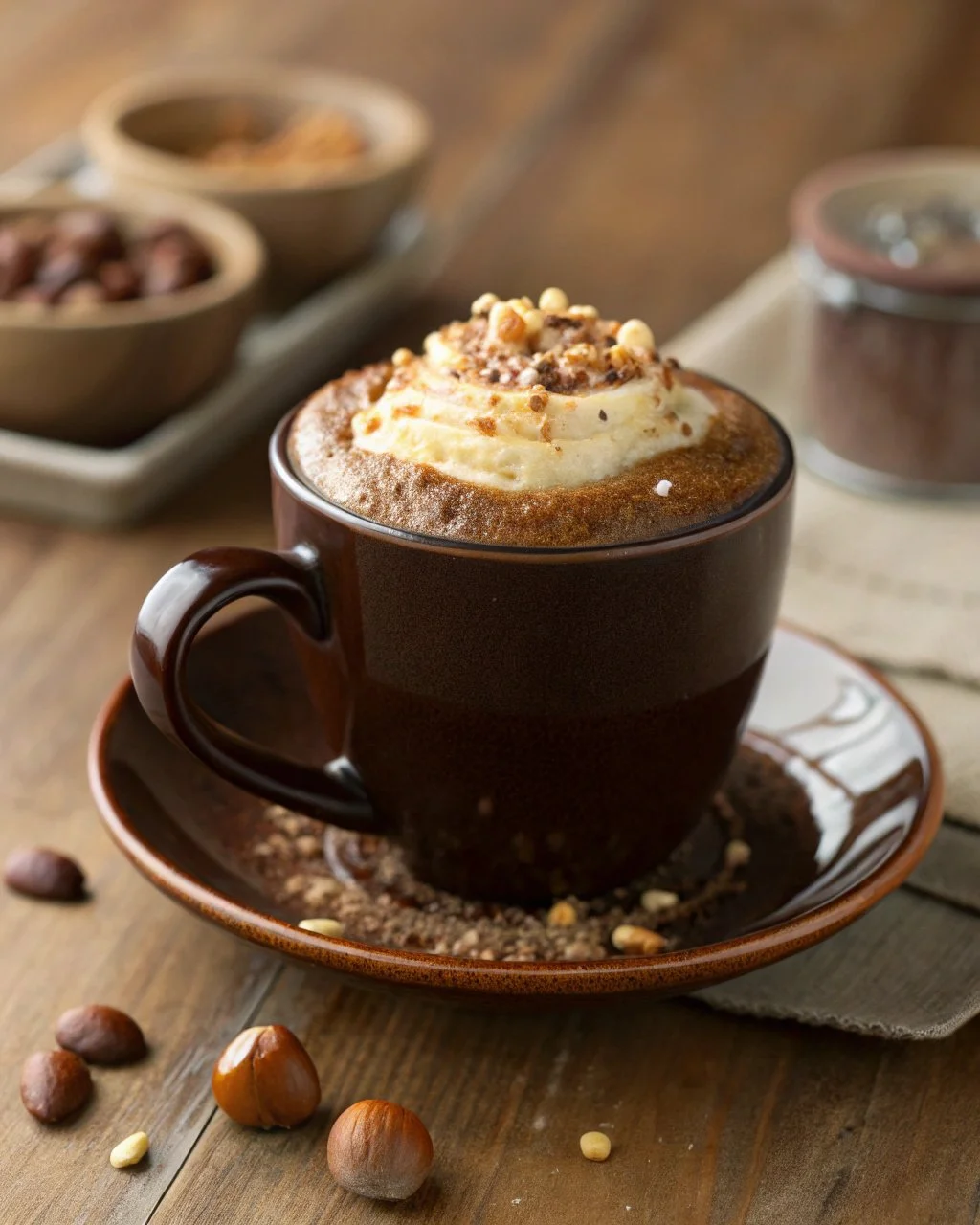 Delicious hazelnut praline mocha topped with whipped cream and hazelnuts