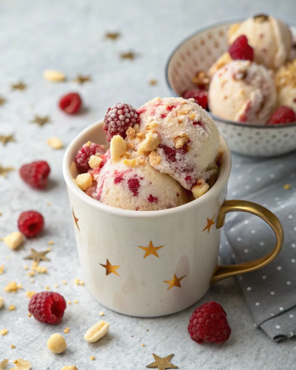 A delicious Hazelnut Raspberry Latte topped with whipped cream and raspberries