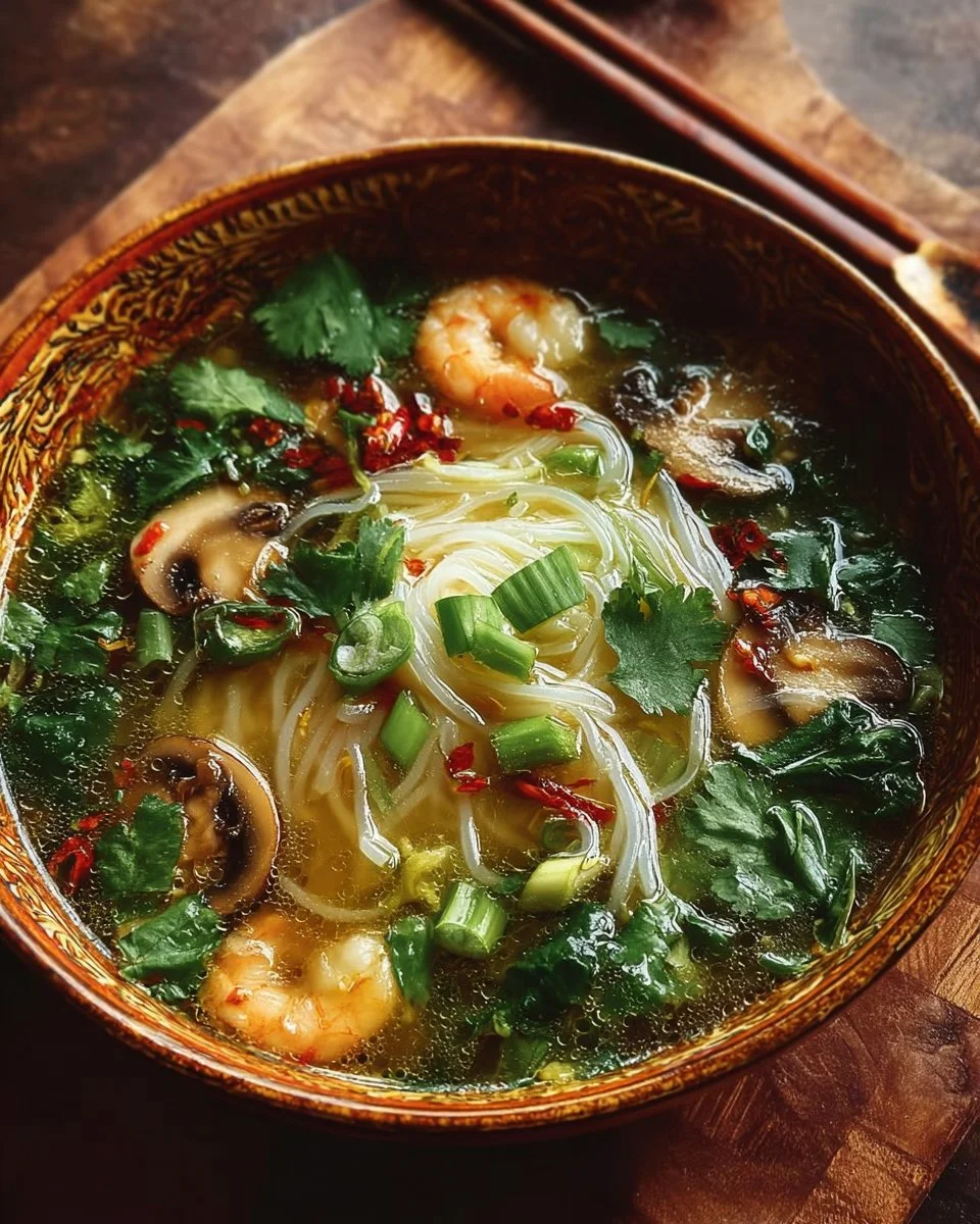 Bowl of healing ginger garlic broth with rice noodles garnished with herbs