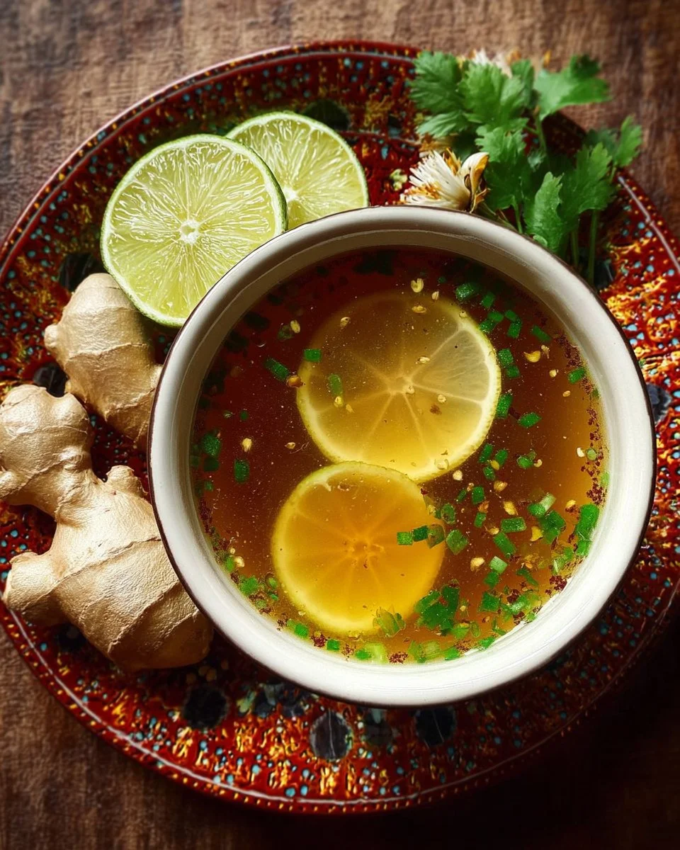 Healing Miso-Ginger Lemon Detox Broth in a bowl with fresh ingredients